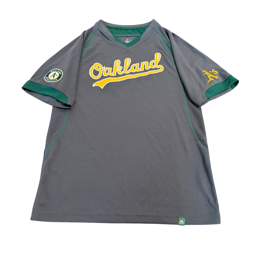 Majestic Oakland Athletics MLB Training Jersey Gray Green Mens Small A's V-Neck